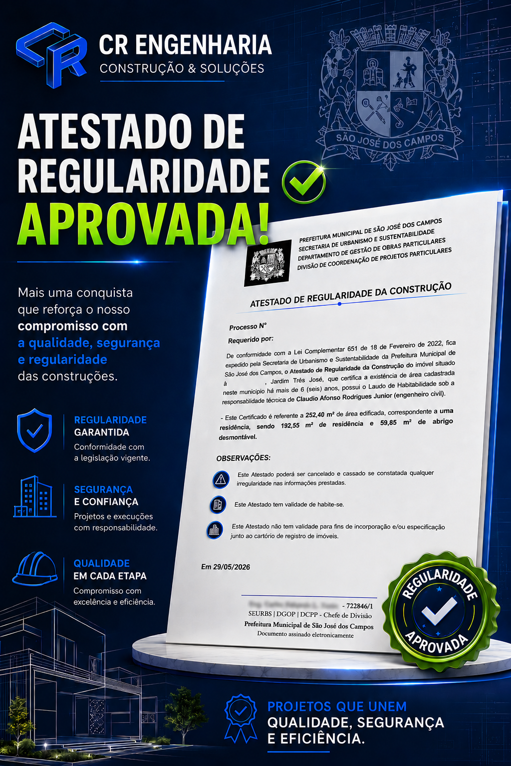 Atestado de Regularidade aprovado com dados pessoais ocultados
